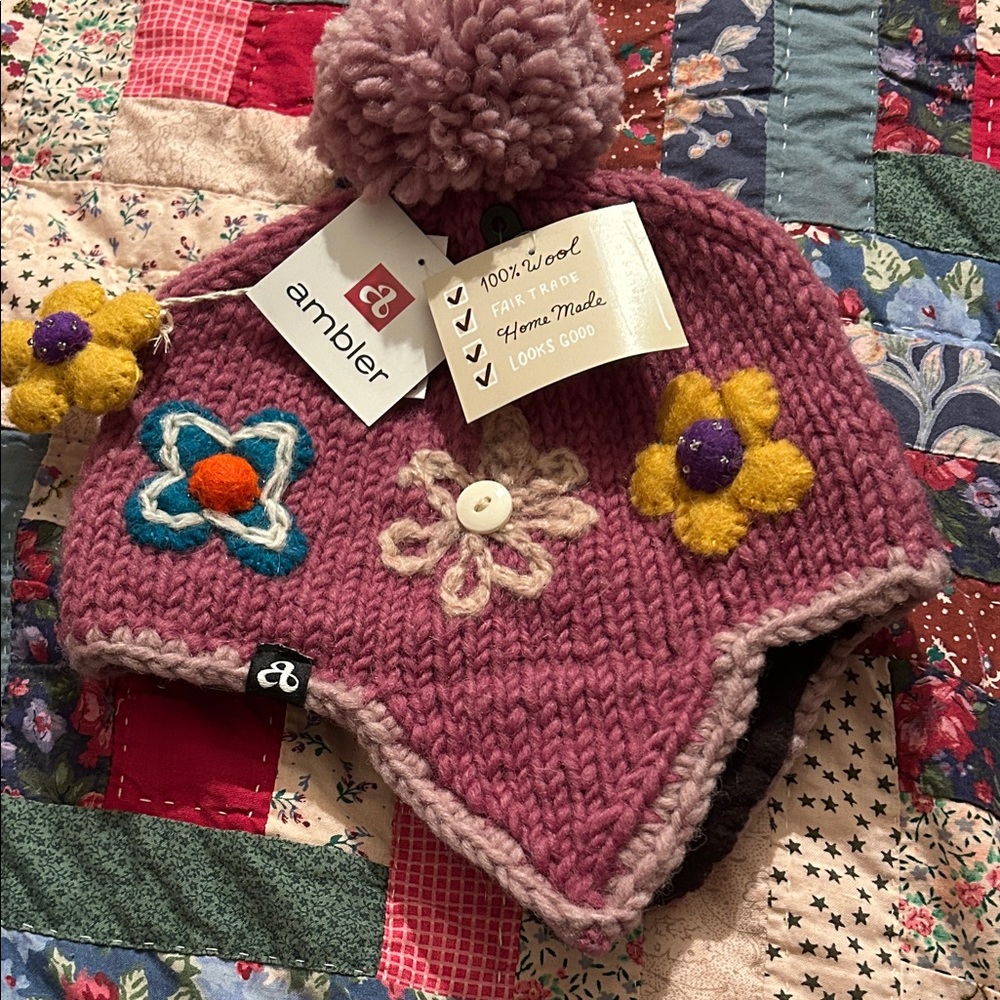 Kids' Ambler hand made Pink Wool Hat with Floral Accents, M-L